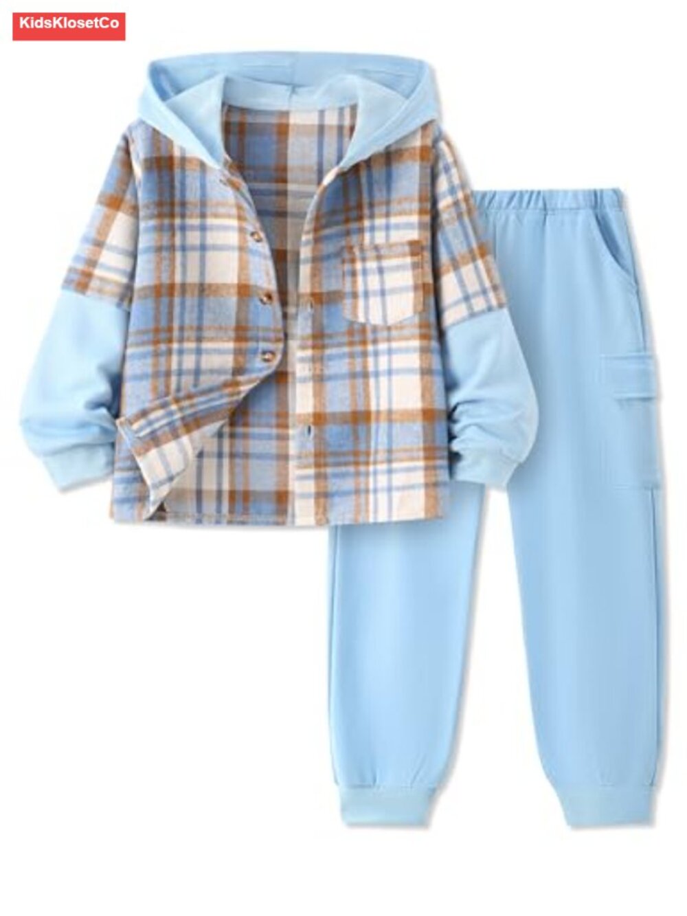 Boys Plaid Hooded Sweatshirt & Pant Set, Cotton 2 Piece Outfit, Fall Winter
